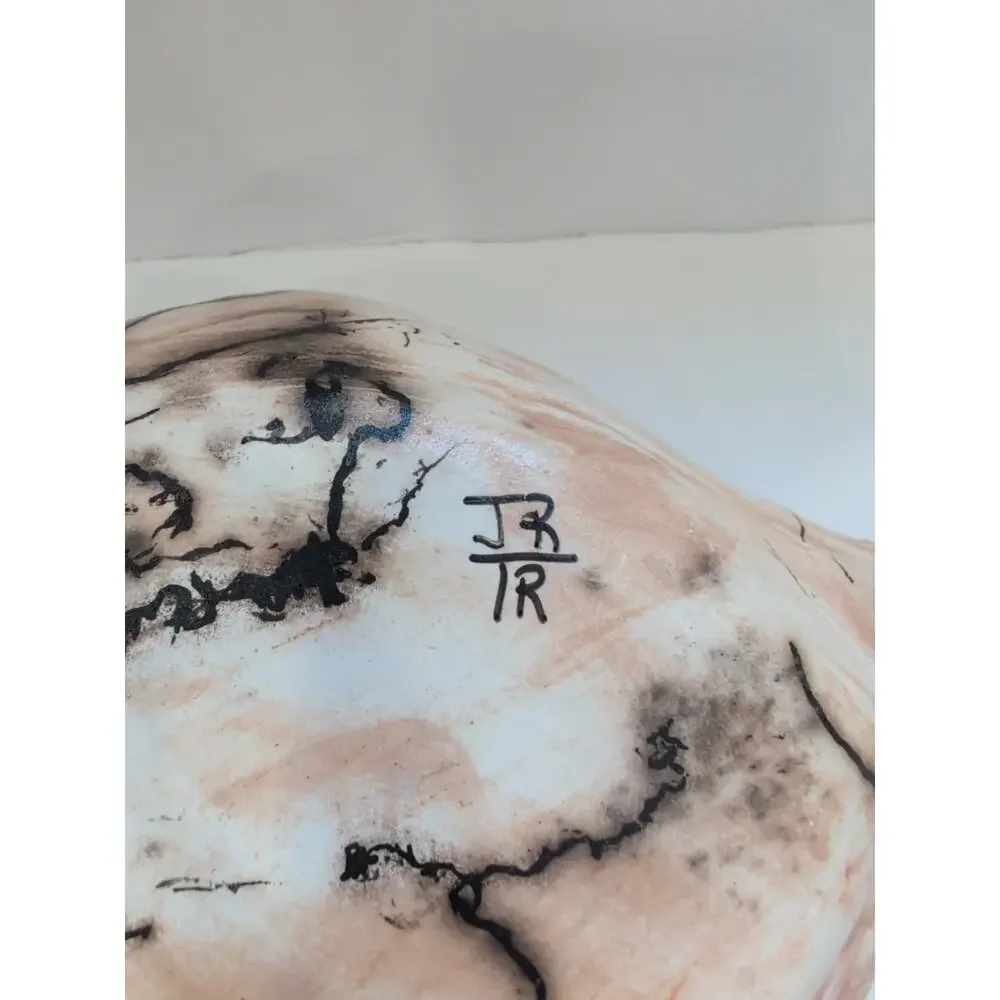 Vtg Art Pottery Horsehair‎ Bowl Log W/ Gray Wolves On Lid Signed 8 Inch